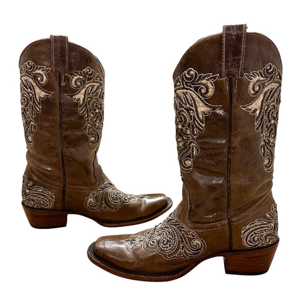 Vintage Seven Stars Brown Stitched Embroidered Leather Cowboy Boots Size 8.5